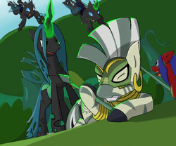 Size: 3000x2500 | Tagged: source needed, safe, artist:carson marain, queen chrysalis, zecora, oc, oc:fidelity, changeling, changeling queen, zebra, g4, the cutie re-mark, alternate timeline, chrysalis resistance timeline, everfree forest, female, high res, looking down, mask, rebel, resistance leader zecora, war