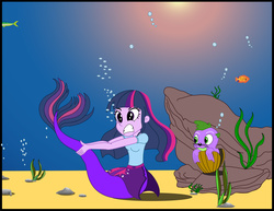 Size: 3149x2435 | Tagged: safe, artist:physicrodrigo, part of a set, spike, twilight sparkle, fish, mermaid, seal, series:equestria mermaids, equestria girls, g4, bubble, clam, clothes, duo, high res, mermaidized, ocean, part of a series, rock, seaweed, species swap, story included, torn clothes, underwater
