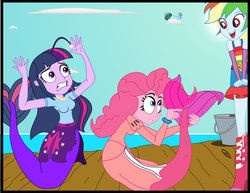 Size: 2770x2136 | Tagged: safe, artist:physicrodrigo, part of a set, pinkie pie, rainbow dash, twilight sparkle, angler fish, human, mermaid, series:equestria mermaids, equestria girls, g4, ariel, bucket, clothes, cosplay, costume, dr. wily, dress, high res, human ponidox, mega man (series), mermaidized, necklace, ocean, part of a series, pier, self ponidox, species swap, story included, the little mermaid, torn clothes, trio, when you see it