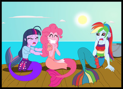 Size: 4027x2910 | Tagged: safe, artist:physicrodrigo, part of a set, pinkie pie, rainbow dash, twilight sparkle, angler fish, mermaid, series:equestria mermaids, equestria girls, g4, ariel, bucket, clothes, cosplay, costume, crying, dress, earfins, gills, high res, mermaidized, ocean, part of a series, pier, pinkie prick, skirt, species swap, story included, the little mermaid, torn clothes, transformation, trio, webbed fingers