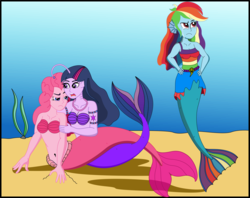 Size: 2837x2247 | Tagged: safe, artist:physicrodrigo, part of a set, pinkie pie, rainbow dash, twilight sparkle, angler fish, mermaid, series:equestria mermaids, equestria girls, g4, armband, belly button, bra, clothes, crying, earfins, gills, high res, mermaidized, midriff, necklace, ocean, part of a series, seashell, seashell bra, seaweed, species swap, story included, torn clothes, trio, underwater, underwear