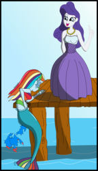 Size: 2011x3486 | Tagged: safe, artist:physicrodrigo, part of a set, rainbow dash, rarity, mermaid, series:equestria mermaids, equestria girls, g4, clothes, cosplay, costume, dress, duo, duo female, earfins, female, high res, jumping, mermaidized, midriff, necklace, ocean, open mouth, open smile, part of a series, pier, smiling, species swap, story included, the little mermaid, torn clothes, vanessa