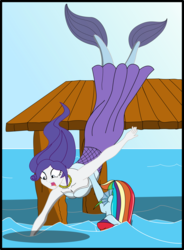 Size: 2124x2892 | Tagged: safe, artist:physicrodrigo, part of a set, rainbow dash, rarity, mermaid, series:equestria mermaids, equestria girls, g4, clothes, cosplay, costume, dress, duo, earfins, falling, high res, mermaidized, necklace, ocean, part of a series, pier, rainbow douche, species swap, story included, the little mermaid, transformation, vanessa