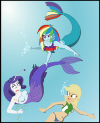 Size: 2683x3296 | Tagged: safe, artist:physicrodrigo, part of a set, applejack, rainbow dash, rarity, angler fish, human, mermaid, series:equestria mermaids, equestria girls, g4, belly button, bikini, blue underwear, breasts, bubble, busty applejack, busty rainbow dash, busty rarity, clothes, diving, dress, earfins, gills, high res, implied rarijack, mermaidized, midriff, necklace, ocean, panties, part of a series, pearl, rainbow douche, species swap, story included, submarine, swimsuit, tail pull, torn clothes, transformation, trio, underwater, underwear