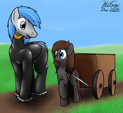 Size: 1213x1104 | Tagged: safe, artist:the-furry-railfan, oc, oc only, oc:featherweight, oc:pressure cooker, pony, dirt road, duo, grass, hill, rubber suit, sequence, size difference, wagon, wetsuit