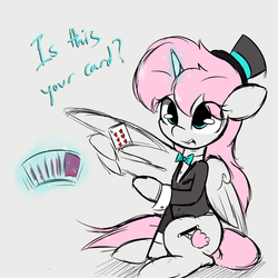 Size: 1000x1000 | Tagged: safe, artist:lightningnickel, oc, oc only, oc:cotton candy, alicorn, pony, alicorn oc, alicornified, card, card trick, magician, race swap, solo, wing hold