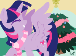 Size: 1370x1008 | Tagged: safe, artist:doggie31, twilight sparkle, alicorn, pony, g4, christmas tree, clothes, eyes closed, female, grin, mare, merry christmas, scarf, snow, solo, tree, twilight sparkle (alicorn)