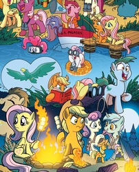 Size: 1393x1728 | Tagged: safe, artist:tony fleecs, idw, applejack, bon bon, carrot top, cheerilee, doctor whooves, fluttershy, golden harvest, lyra heartstrings, pinkie pie, roseluck, sweetie belle, sweetie drops, time turner, earth pony, pony, friends forever #23, g4, my little pony: friends forever, spoiler:comic, angry, binoculars, boat, campfire, food, inner tube, male, marshmallow, megaphone, stallion, worried