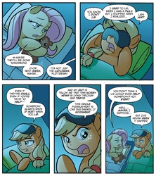 Size: 1307x1473 | Tagged: safe, artist:tony fleecs, idw, applejack, fluttershy, friends forever #23, g4, my little pony: friends forever, spoiler:comic, female, night, plushie, teddy bear