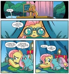 Size: 1291x1394 | Tagged: safe, artist:tony fleecs, idw, applejack, fluttershy, pigasus, friends forever #23, g4, my little pony: friends forever, spoiler:comic, binoculars, lantern, podium