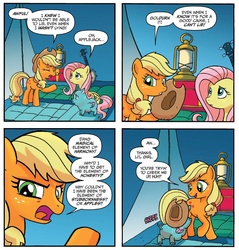 Size: 1314x1372 | Tagged: safe, artist:tony fleecs, idw, applejack, fluttershy, pigasus, friends forever #23, g4, my little pony: friends forever, spoiler:comic, apple, banjo, musical instrument, that pony sure does love apples
