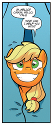 Size: 428x1026 | Tagged: safe, artist:tony fleecs, idw, applejack, friends forever #23, g4, my little pony: friends forever, spoiler:comic, deflecting, grin, hiding, shit eating grin, smiling, sweatdrop, tent