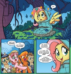 Size: 1318x1379 | Tagged: safe, artist:tony fleecs, idw, doctor whooves, fluttershy, nosey news, quill (g4), time turner, earth pony, pony, friends forever #23, g4, my little pony: friends forever, spoiler:comic, circling stars, dizzy, lying, male, shocked, stallion