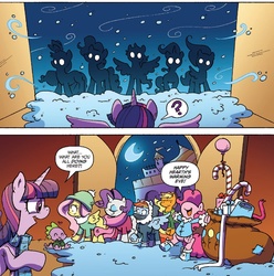 Size: 1377x1389 | Tagged: safe, artist:katie cook, idw, applejack, cuppa joe, fluttershy, pinkie pie, rainbow dash, rarity, spike, twilight sparkle, alicorn, pony, g4, spoiler:comic, spoiler:comicholiday2015, clothes, faic, female, mane seven, mane six, mare, nose in the air, present, twilight sparkle (alicorn), winter outfit