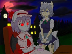 Size: 2048x1536 | Tagged: source needed, safe, artist:zachthehedgehog97-2, bat pony, vampire, anthro, blood moon, clothes, cup, dress, duo, female, glowing eyes, hat, izayoi sakuya, maid, mare, mob cap, pigtails, ponified, red eyes, remilia scarlet, ribbon, skirt, teacup, touhou
