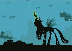 Size: 1091x767 | Tagged: safe, screencap, queen chrysalis, zecora, changeling, changeling queen, zebra, g4, the cutie re-mark, alternate timeline, chrysalis resistance timeline, glowing horn, horn, resistance leader zecora, silhouette, war, you know for kids