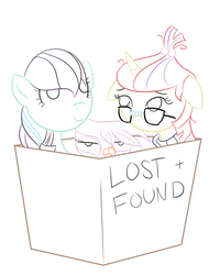 Size: 800x1000 | Tagged: safe, artist:wryte, coloratura, gilda, moondancer, griffon, g4, box, cute, floppy ears, griffon in a box, lineart, simple background, white background