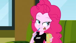 Size: 1904x1064 | Tagged: safe, edit, edited screencap, screencap, pinkie pie, equestria girls, g4, bedroom eyes, breast edit, breasts, busty pinkie pie, chocolate, clothes, cup, dan vs, fangirl, female, food, solo, straw, t-shirt