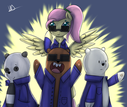Size: 4467x3758 | Tagged: safe, artist:wolfy-pony, fluttershy, bear, grizzly bear, panda, pegasus, polar bear, pony, g4, absurd resolution, cartoon network, clothes, crossover, grizz, ice bear, jacket, open mouth, panda (we bare bears), signature, smiling, spread wings, sunglasses, we bare bears
