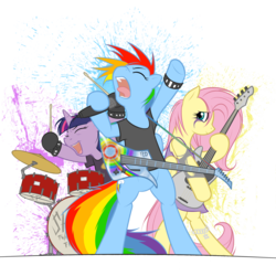 Size: 2600x2600 | Tagged: safe, artist:cobaltsnow, fluttershy, rainbow dash, twilight sparkle, pegasus, pony, unicorn, g4, bass guitar, clothes, drums, electric guitar, eyes closed, female, guitar, heavy metal, mare, musical instrument, open mouth, rock (music), simple background, transparent background, trio, trio female