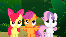 Size: 1366x768 | Tagged: safe, screencap, apple bloom, scootaloo, sweetie belle, g4, the show stoppers, cutie mark crusaders