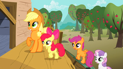 Size: 1366x768 | Tagged: safe, screencap, apple bloom, applejack, scootaloo, sweetie belle, g4, the show stoppers, cutie mark crusaders