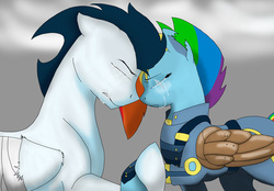 Size: 700x488 | Tagged: safe, artist:colourstrike, rainbow dash, soarin', pony, g4, the cutie re-mark, alternate hairstyle, alternate timeline, apocalypse dash, crying, crystal war timeline, female, male, prosthetic limb, scar, ship:soarindash, shipping, straight, torn ear