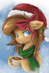 Size: 2400x3600 | Tagged: safe, artist:ardail, oc, oc only, oc:mocha latte, earth pony, pony, blushing, chest fluff, christmas, clothes, coffee, cup, cute, ear fluff, female, floppy ears, food, high res, mare, open mouth, scarf, solo
