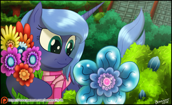 Size: 1500x920 | Tagged: safe, artist:bonaxor, princess luna, pony, g4, clothes, female, flower, patreon, patreon logo, scarf, solo, younger