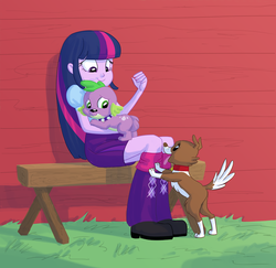 Size: 842x817 | Tagged: safe, artist:carnifex, spike, twilight sparkle, winona, dog, equestria girls, g4, female, male, ship:spinona, shipping, spike the dog, straight, trio