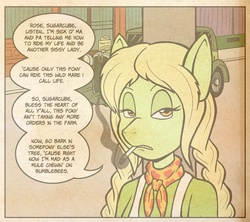 Size: 949x841 | Tagged: safe, artist:regularmouseboy, apple rose, granny smith, earth pony, anthro, g4, alternate universe, angry, annoyed, apple family, badass, car, cigarette, comic, frustrated, memories, ponyville, rebel, rebellious teen, smoke, smoking, southern, speech bubble, street, vintage, world war ii, young granny smith