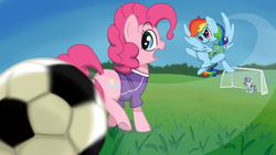 Size: 1920x1080 | Tagged: safe, artist:spicyhamsandwich, pinkie pie, rainbow dash, rarity, g4, football, grass field