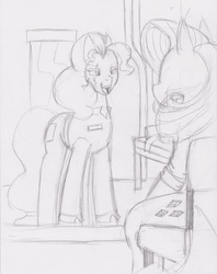 Size: 1700x2151 | Tagged: safe, artist:dp360, pinkie pie, rarity, g4, clothes, monochrome, scar, traditional art