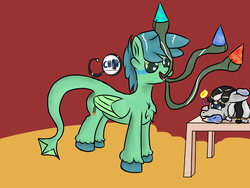 Size: 2400x1800 | Tagged: safe, artist:chaotic harmony, oc, oc only, oc:ruzeth, oc:zuthal, monster pony, original species, tatzlpony, zebra, cake, candle, food, hat, imminent vore, implied vore, palindrome get, party hat, person as food, unshorn fetlocks