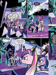 Size: 720x960 | Tagged: safe, artist:andy price, idw, official comic, king sombra, princess cadance, rabia, twilight sparkle, alicorn, pony, umbrum, g4, siege of the crystal empire, spoiler:comic, spoiler:comic37, chains, collar, comic, cuffs, female, glowing eyes, horn, horn crystals, magic suppression, mare, preview, prisoner, sisters-in-law, slave, sombra eyes, speech bubble, throne, twilight sparkle (alicorn), you know for kids