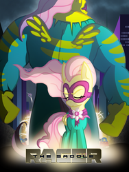 Size: 1500x2000 | Tagged: safe, artist:knadire, artist:knadow-the-hechidna, fluttershy, mayor mare, saddle rager, pony, g4, power ponies (episode), bipedal, flutterhulk, mashup, parody, poster, power ponies, the incredible hulk