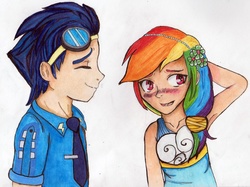 Size: 1024x765 | Tagged: safe, artist:suzspence, rainbow dash, soarin', human, a canterlot wedding, g4, arm behind head, armpits, blushing, clothes, dress, duo, female, humanized, male, markers, ship:soarindash, shipping, straight, traditional art, wonderbolts dress uniform