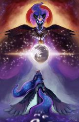 Size: 1294x2000 | Tagged: safe, artist:blindcoyote, nightmare moon, princess luna, g4, both cutie marks, eclipse, looking up, moon, speedpaint, spread wings, stars