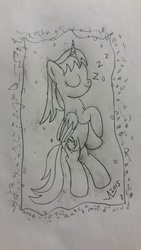 Size: 2988x5312 | Tagged: safe, artist:parclytaxel, oc, oc only, oc:parcly taxel, alicorn, pony, alicorn oc, eyes closed, lineart, monochrome, parcly in south korea, pencil drawing, rock salt bed, seoul, sleeping, solo, south korea, story included, traditional art, yongsan, zzz