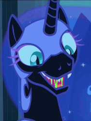 Size: 576x768 | Tagged: safe, edit, edited screencap, screencap, nightmare moon, g4, the cutie re-mark, alternate timeline, animated, bubblegum, chewing, cute, faic, female, food, male, moonabetes, moonie snacks, nightmare takeover timeline