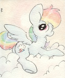 Size: 699x845 | Tagged: safe, artist:slightlyshade, rainbow dash, g4, backwards cutie mark, cloud, female, solo, traditional art