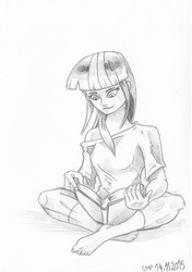 Size: 1732x2460 | Tagged: safe, artist:saturdaymorningproj, twilight sparkle, human, g4, barefoot, book, clothes, feet, female, humanized, monochrome, off shoulder, reading, sitting, solo, traditional art