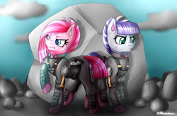 Size: 3000x1963 | Tagged: safe, artist:pillonchou, maud pie, pinkie pie, g4, the cutie re-mark, alternate timeline, apinkalypse pie, apocalypse maud, armor, clothes, crystal war timeline, duo, heart eyes, pie sisters, pinkamena diane pie, raised hoof, siblings, signature, sisters, wingding eyes
