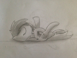 Size: 1280x960 | Tagged: safe, artist:mranthony2, oc, oc only, oc:lemon bounce, cute, eyes closed, hooves in air, monochrome, on back, pencil, shading, sleeping, smiling