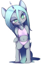 Size: 1024x1613 | Tagged: safe, artist:skippy_the_moon, queen chrysalis, changeling, semi-anthro, g4, belly button, bra, bra on pony, clothes, crop top bra, female, midriff, panties, pink underwear, solo, sports bra, underwear