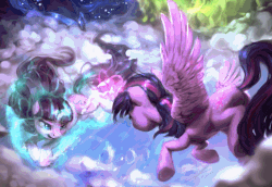 Size: 1015x700 | Tagged: safe, artist:assasinmonkey, artist:equum_amici, starlight glimmer, twilight sparkle, alicorn, pony, unicorn, g4, the cutie re-mark, absurd file size, absurd gif size, animated, cinemagraph, cloud, duo, duo female, epic, female, fight, glowing, glowing horn, horn, levitation, magic, magic aura, mare, moon, self-levitation, telekinesis, twilight sparkle (alicorn)