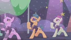 Size: 1094x612 | Tagged: safe, screencap, disco fever, limelight, new wave (g4), smooth move, spectrum shades, turbo bass, earth pony, pony, g4, the mane attraction, animated, backup dancers, bipedal, dancing, low frequency flashing, male, pelvic thrust, stallion