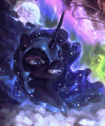 Size: 500x600 | Tagged: safe, artist:assasinmonkey, artist:equum_amici, nightmare moon, g4, the cutie re-mark, animated, cinemagraph, cloud, female, magic, moon, solo
