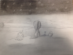 Size: 1280x960 | Tagged: safe, artist:mranthony2, oc, oc only, oc:lemon bounce, campfire, monochrome, night, ocean, pencil, sand, shading, solo, stars, traditional art