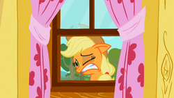 Size: 1366x768 | Tagged: safe, screencap, applejack, earth pony, pony, g4, season 1, the show stoppers, apple, apple tree, applejack is best facemaker, clubhouse, cringing, crusaders clubhouse, curtains, female, gritted teeth, mare, one eye closed, out of context, solo, teeth, tree, window